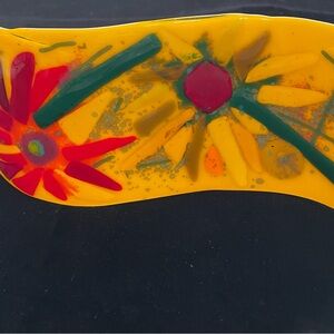 "Wild Flowers On SaffronHandmade Original Fused Art Glass Wave  10”x4”
